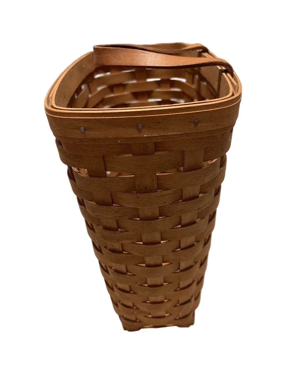 Longaberger Tall Wall Hanging Basket Woven Leather Handle 9.5”T x 5.5”W